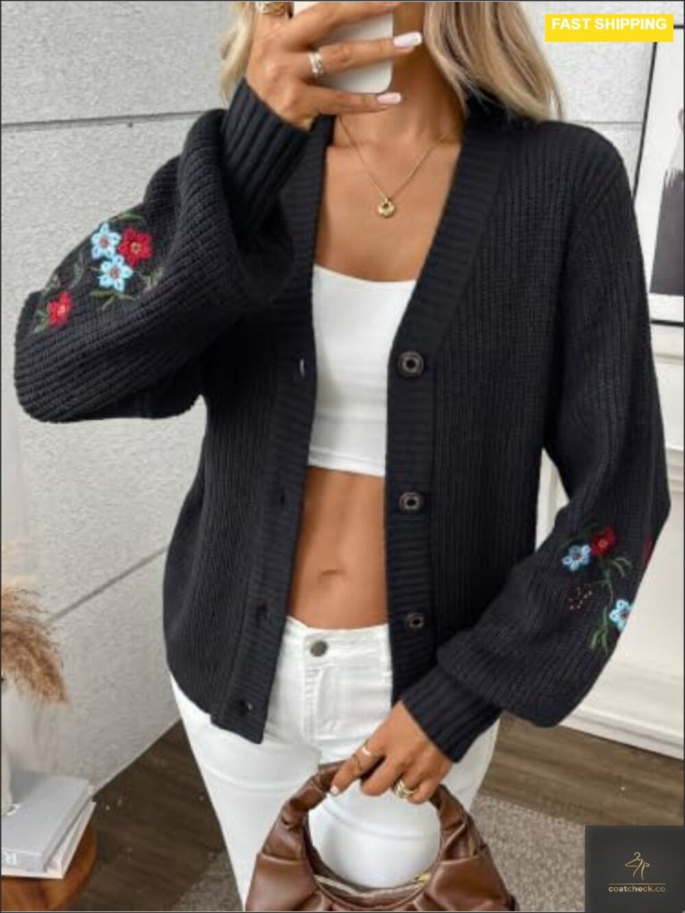 Floral Embroidered V-Neck Cardigan, Long Sleeve Button Down Knit - Picture 2 of 4